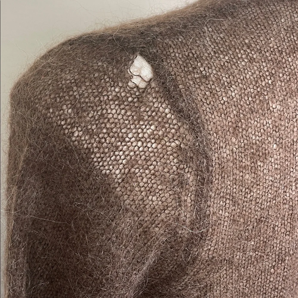 Super Fuzzy Sheer Mohair V-Neck Sweater Brown Distressed